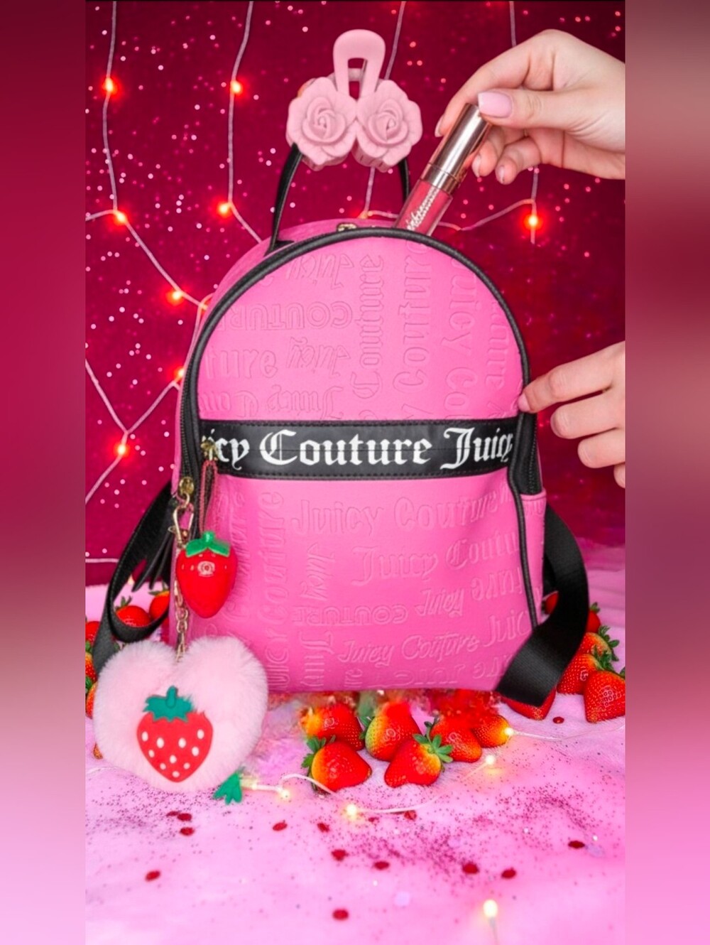 Juicy Couture Pink "Word Play" Small Vinyl Backpack W/Strawberry Charm/Lip Gloss